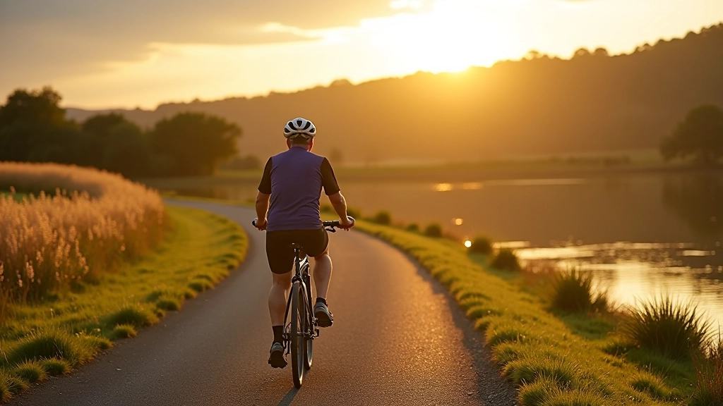 Cyclist on lakeside path with Belvedere House in distance