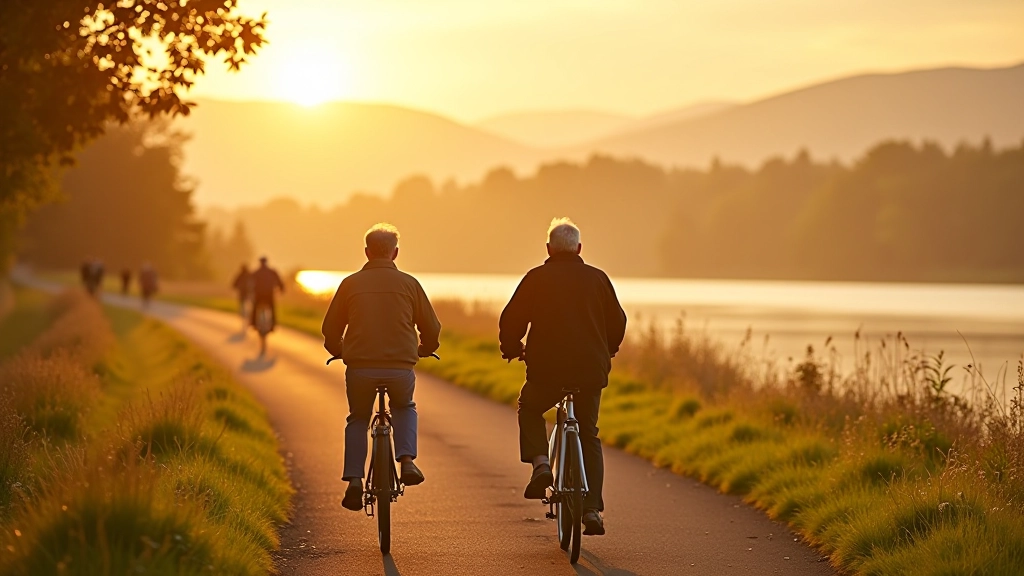 Cyclists riding along a scenic lakeshore path with water views
