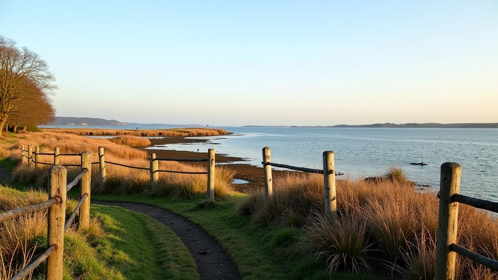 Historic archaeological site with reconstructed structures and interpretive markers on lough shore