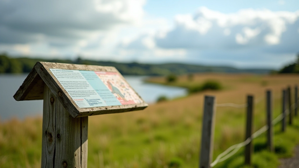 Close-up of reconstructed crannog archaeological site with wooden posts and information panels