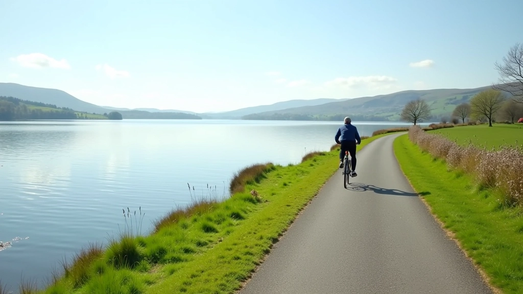 Scenic view of Lough Ennell water with cycling path alongside shore