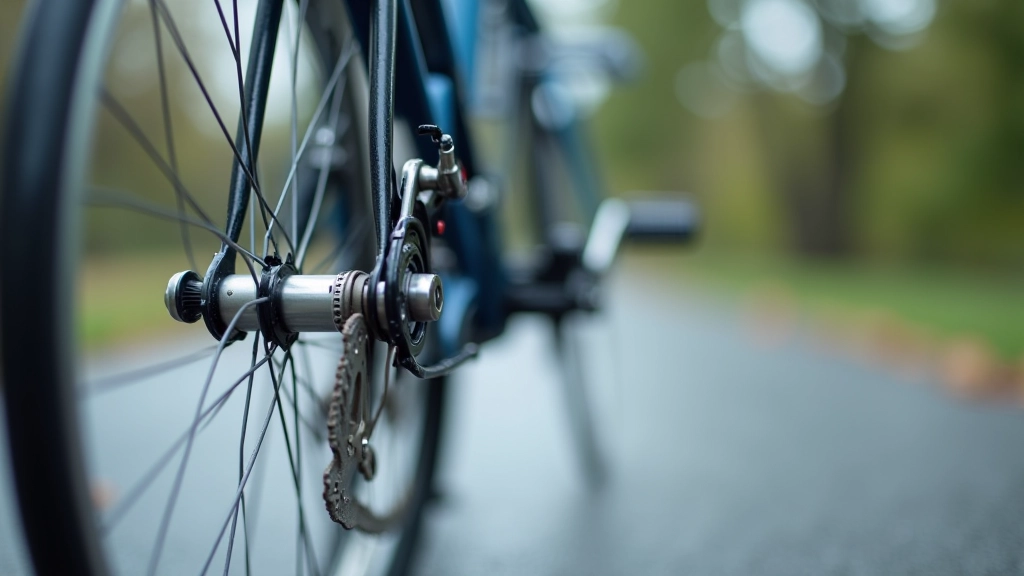 Close-up of bicycle brake system and tire tread on damp ground