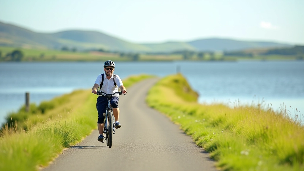 Scenic cycling path along Lough Ennell shoreline with rolling hills and water views
