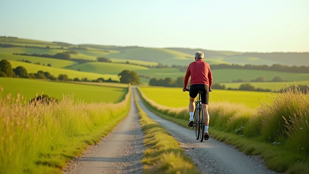 Cyclist riding on rural path through countryside