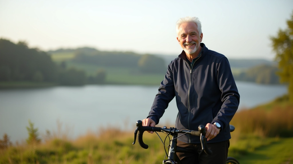 Retired cyclist smiling while standing with bike on a scenic overlook