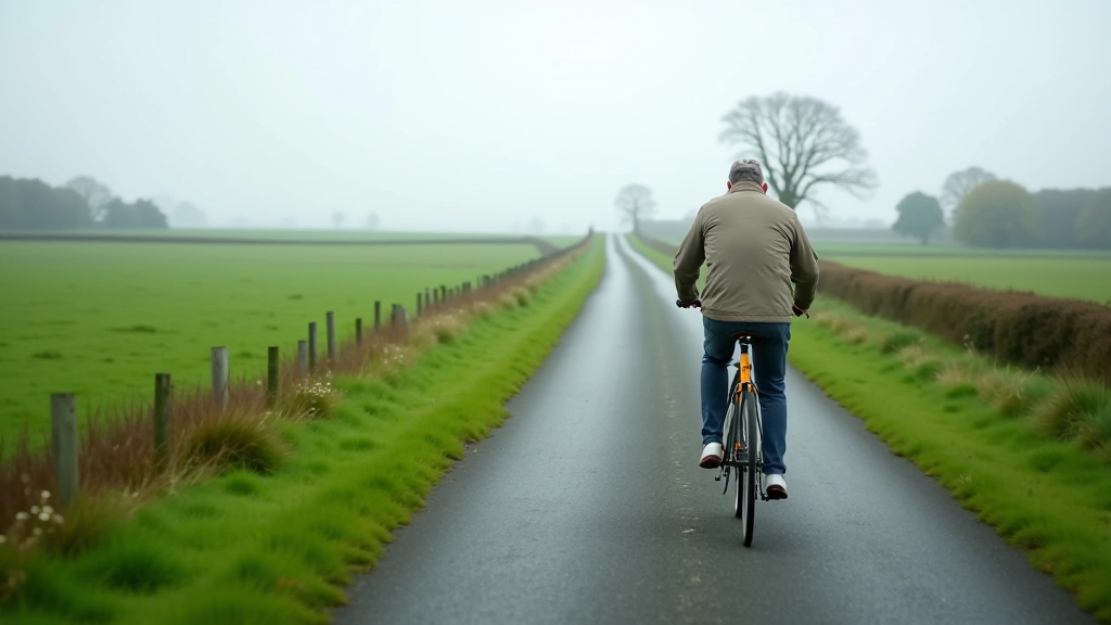 Rural countryside cycling path with farmland and distant lough views