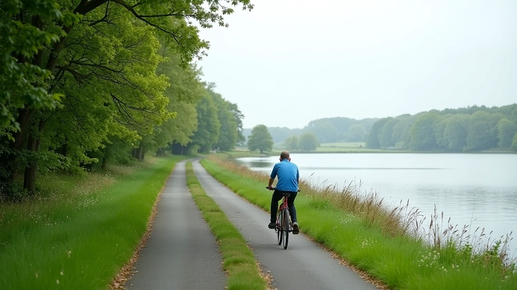Peaceful lakeshore cycling path with calm water and green vegetation visible from the route