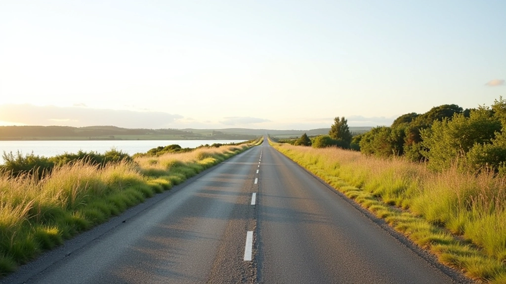 Wide cycling road with clear asphalt surface alongside Lough Ennell water, minimal traffic visible