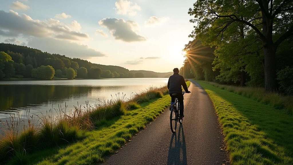 Scenic cycling path along Lough Ennell shoreline with calm water and tree-lined route