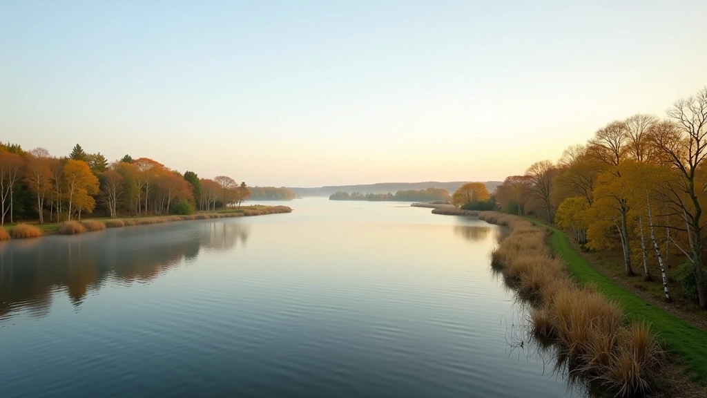 Panoramic view of Lough Ennell with reflective calm water and tree-lined shoreline for cycling