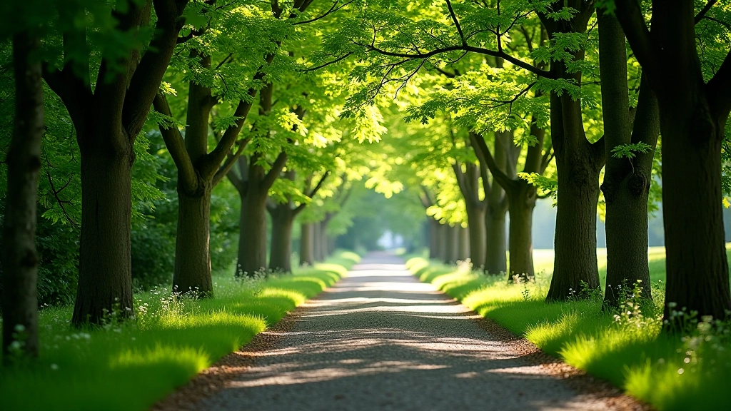 Tree-lined woodland cycling path with dappled sunlight filtering through canopy